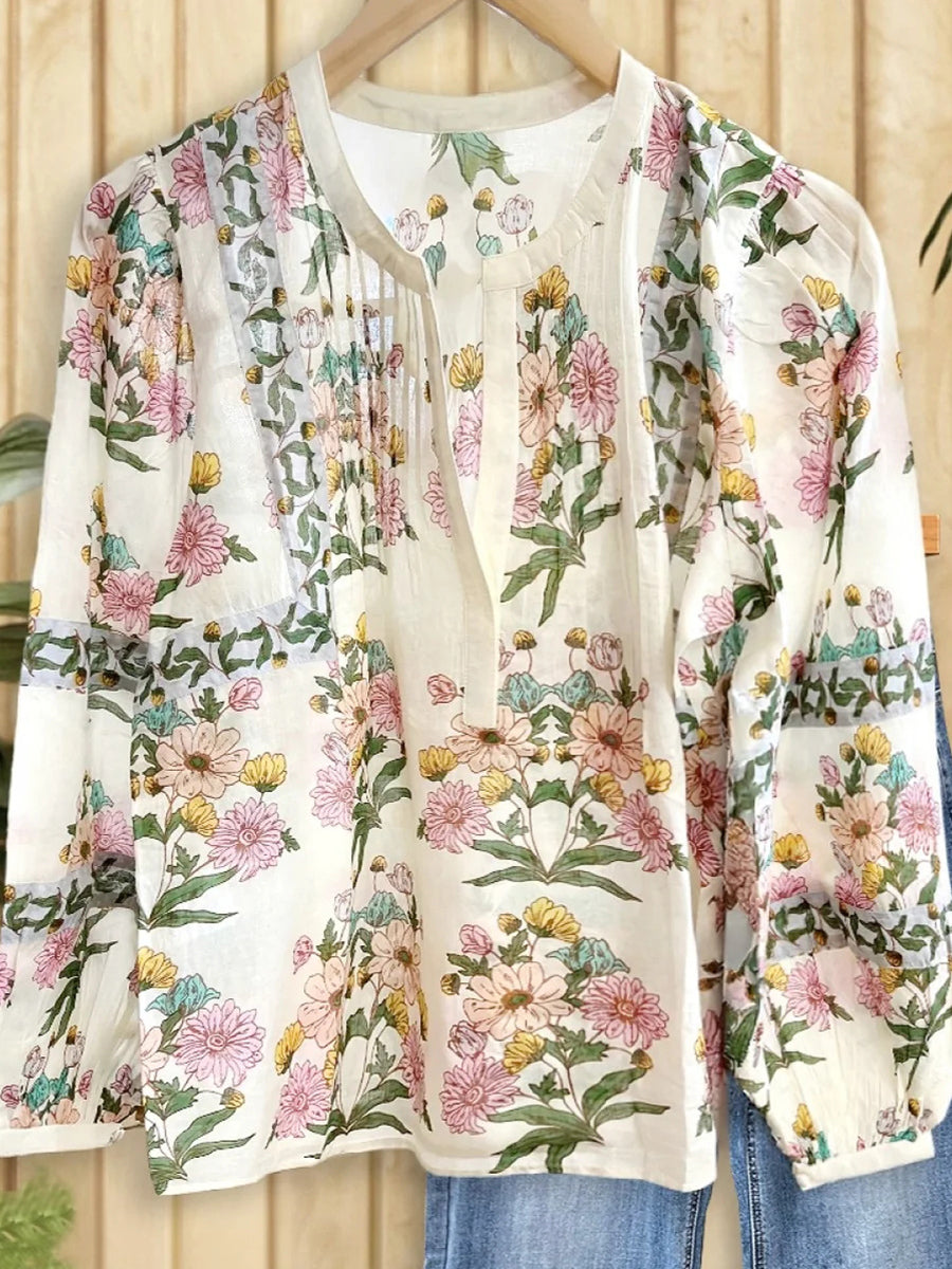 Elegant White Floral Printed Long Sleeve Top