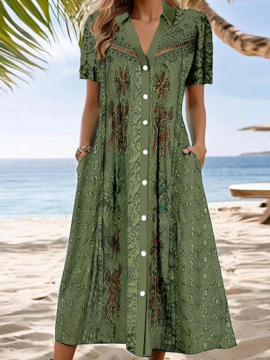 Chic Green Print Side Pocket Midi Dress