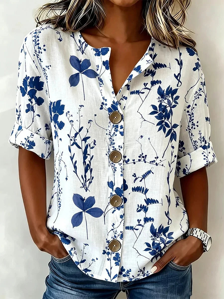Blue Floral Button-Down Short Sleeve Blouse