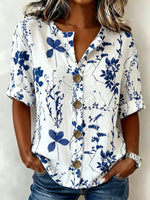 Blue Floral Button-Down Short Sleeve Blouse