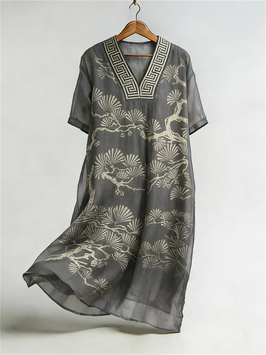 Pine Trees Japanese Lino Art Flowy V-neck Short Sleeve Maxi Dress