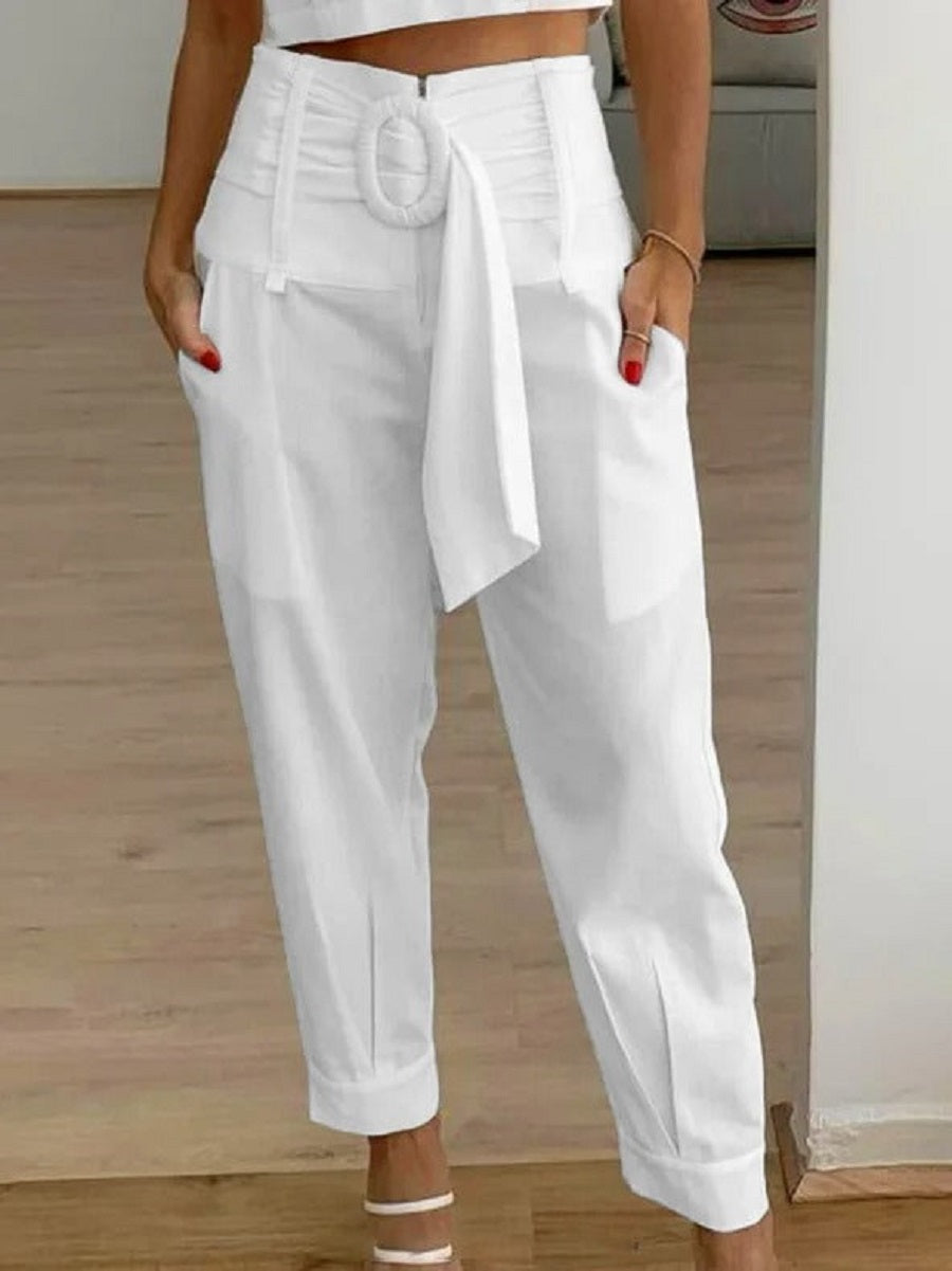 White Casual Plain High Waist Cropped Pants