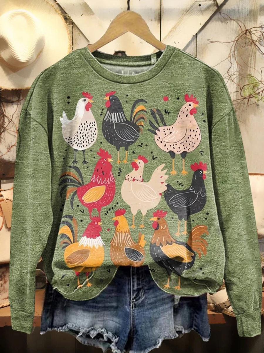 Women's Retro Cute Chicken Art Print Casual Crew Neck Sweatshirt