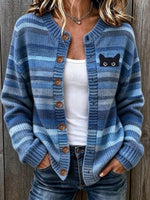 Women's Retro Black Cat Striped Print Crew Neck Long Sleeve Cardigan