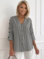 Black and White Striped V-Neck 3/4 Sleeve Blouse