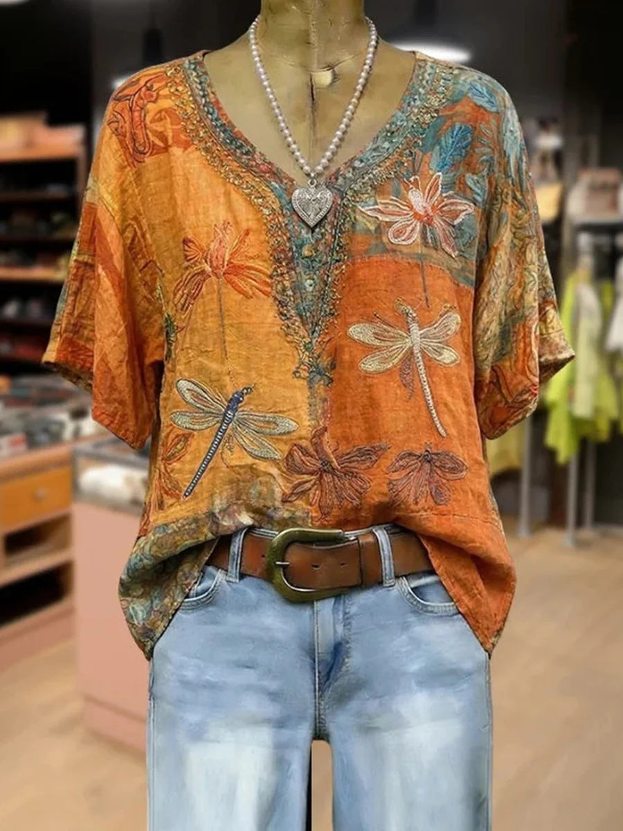 Vintage Dragonfly Print V-neck Short Sleeve Blouse