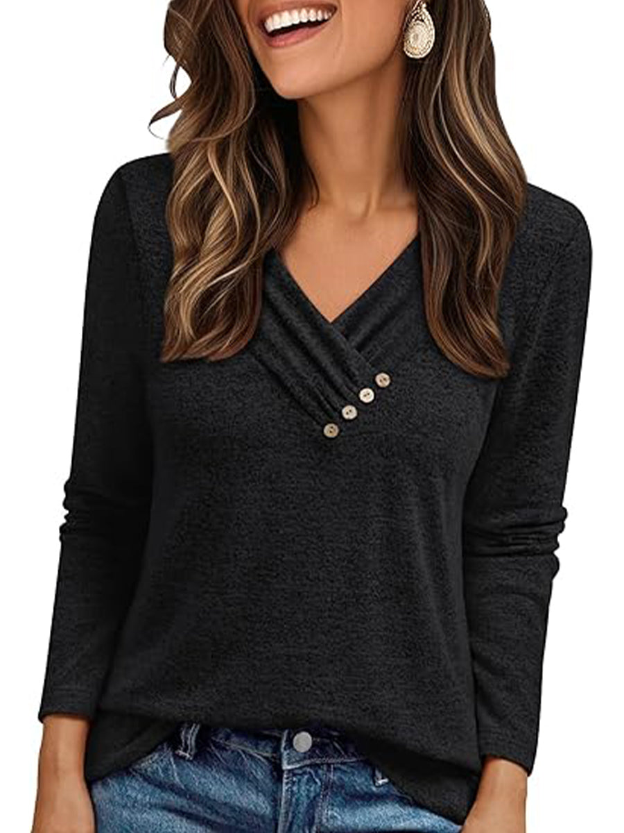 Casual V-neck Long Sleeve Plain Tunic Top
