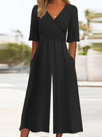 Black Plain Half Sleeve Side Pocket Jumpsuit