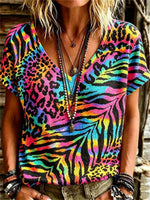 Vintage Colourful V-neck Short Sleeve T-Shirt
