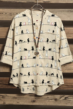 Women's Stand Collar Casual Summer 3/4 Sleeve Cat Print Shirt