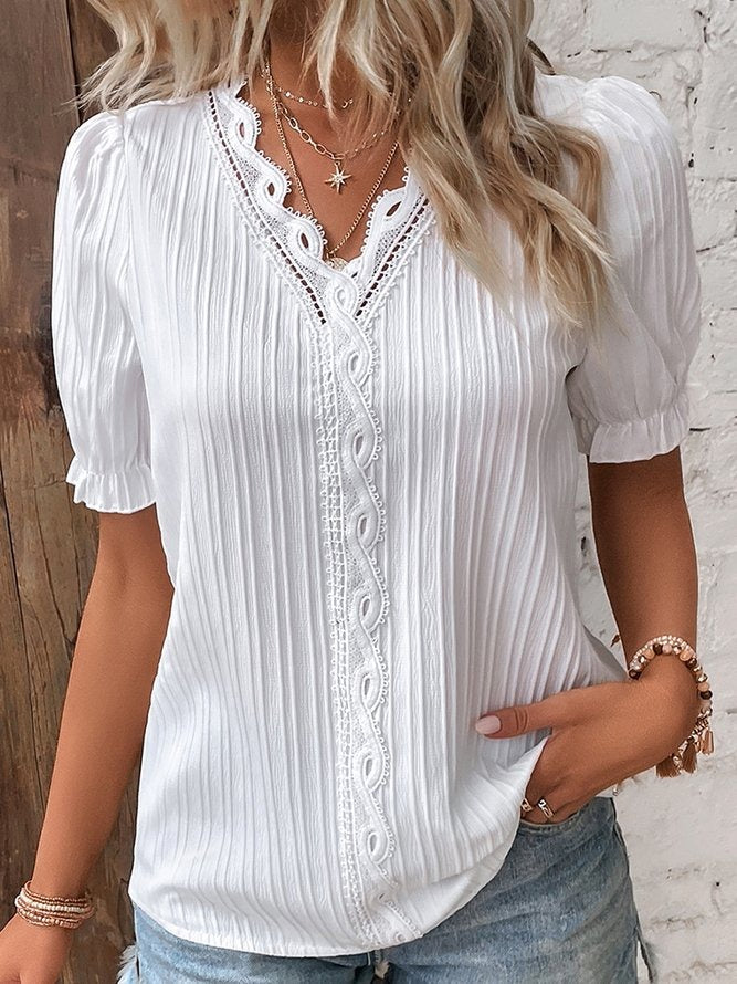 White Casual V Neck Solid Short Sleeve Blouse