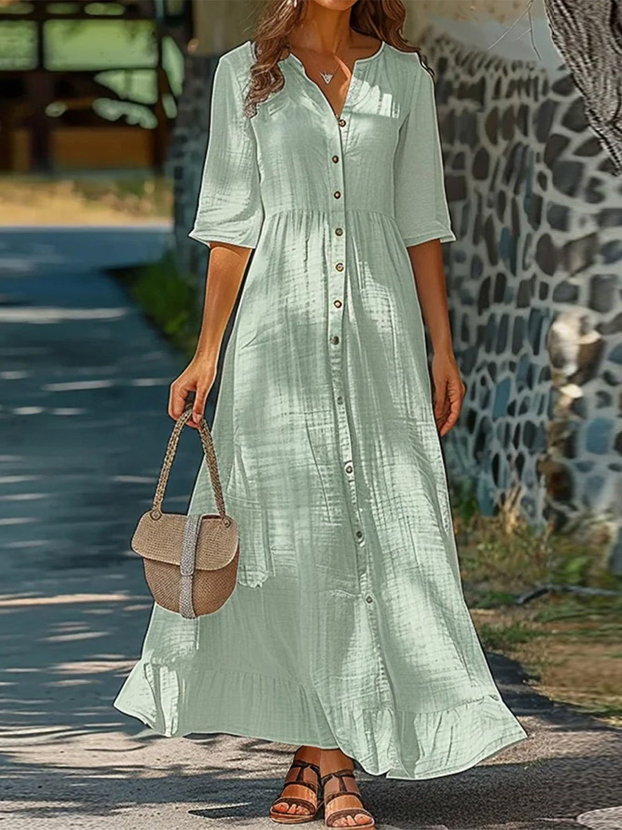 Women’s Solid Button-Front V-Neck Maxi Dress with Half Sleeves– LilyWish