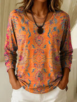 Vintage Ethnic Print Round Neck Long Sleeve T-Shirt