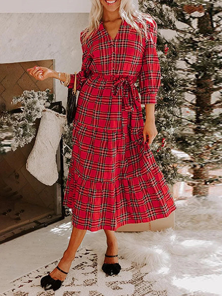 Red Tie-Waist Plaid Long Sleeve Midi Dress