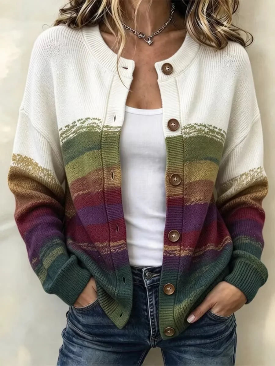 Women's Western Bohemian Color Pattern Patchwork Crew Neck Long Sleeve Sweater Cardigan