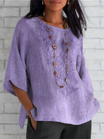 Purple Embroidery Crew Neck Short Sleeve Blouse