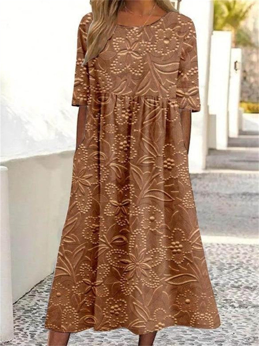 Floral Print Crew Neck Half Sleeve Comfy Vintage Maxi Dress