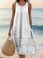 Elegant Floral Print Solid Color Round Neck Sleeveless White Dress