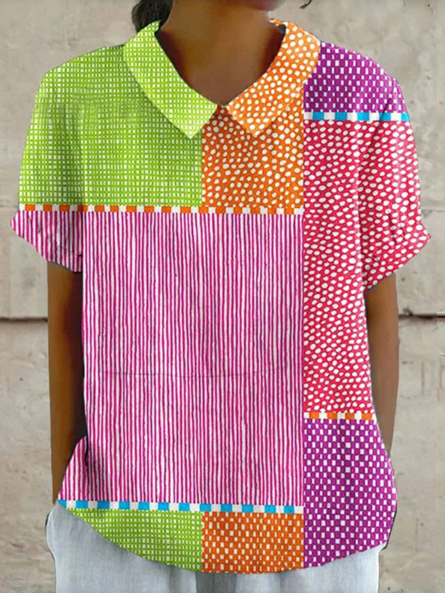 Vintage Colour Block Short Sleeve Blouse