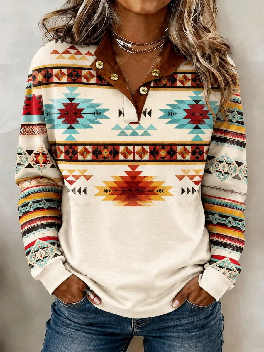 Vintage Ethnic Geometry Half Open Collar Long Sleeve Sweatshirt