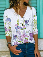 Women¡¯s V-neck Long Sleeve Butterfly Floral Print Casual Loose Fit Top