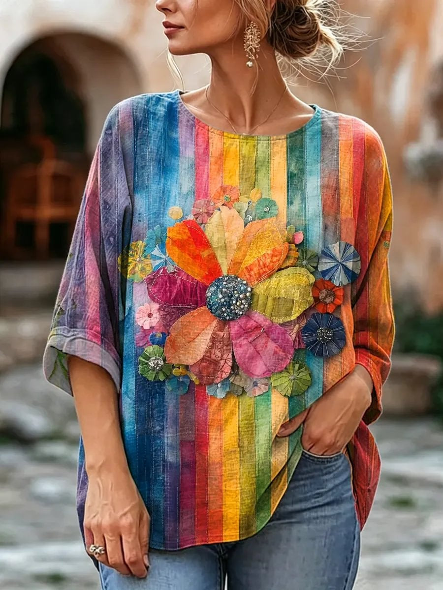 Women's Rainbow Stripe & Large Floral Print Linen Blend Blouse