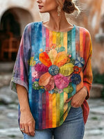 Women's Rainbow Stripe & Large Floral Print Linen Blend Blouse