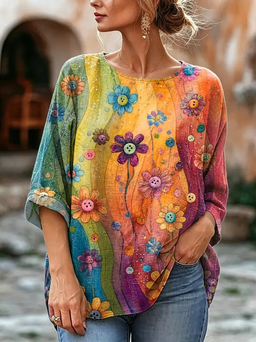 Women's Floral Rainbow Print Linen Blend Blouse