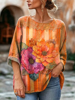 Women's Floral Print Linen Blend Blouse