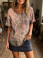 Women's Vintage Paisley Floral Print Casual Short Sleeve T-Shirt