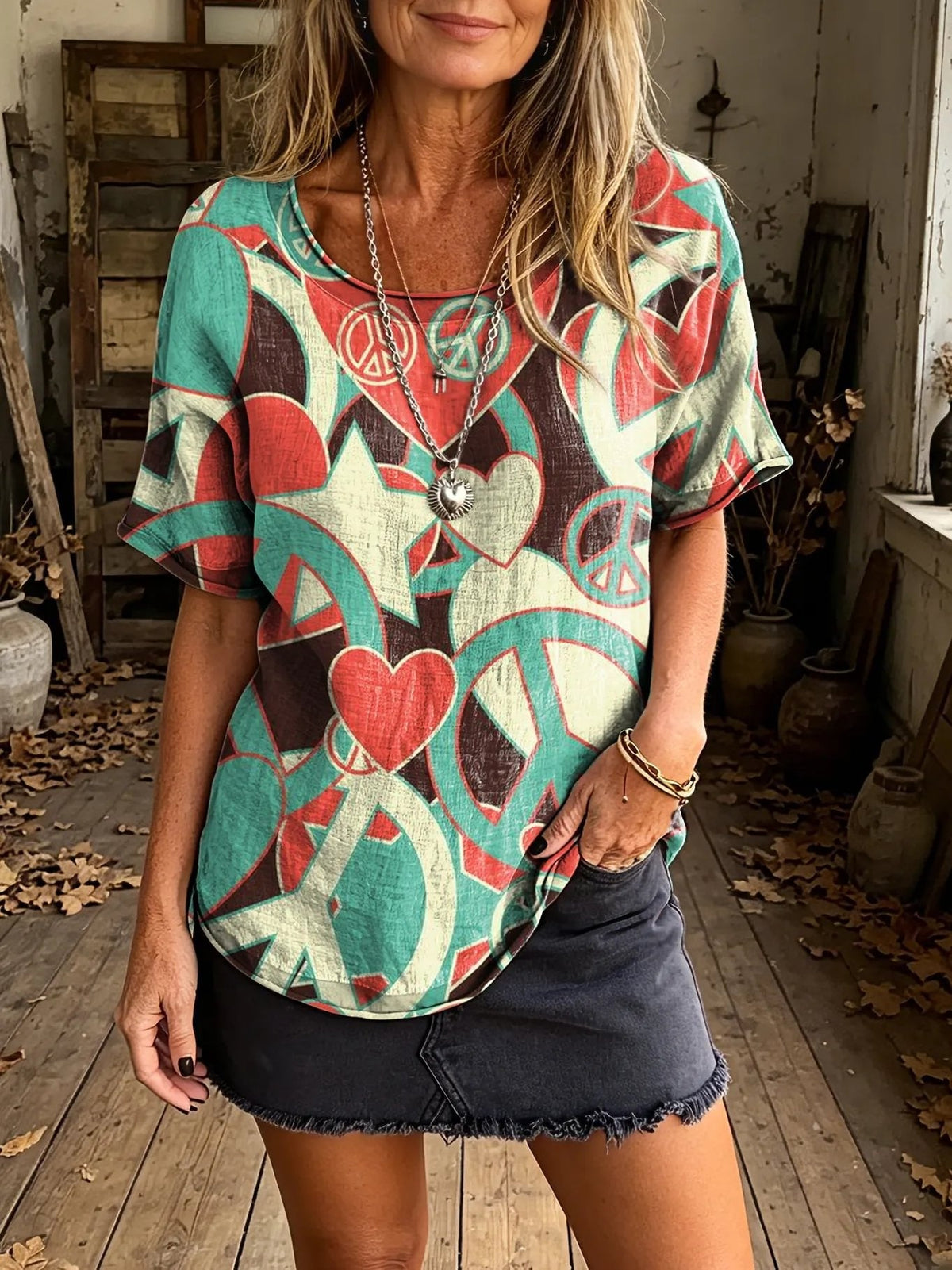 Women's Peace Love Symbol Print Short Sleeve Casual T-Shirt