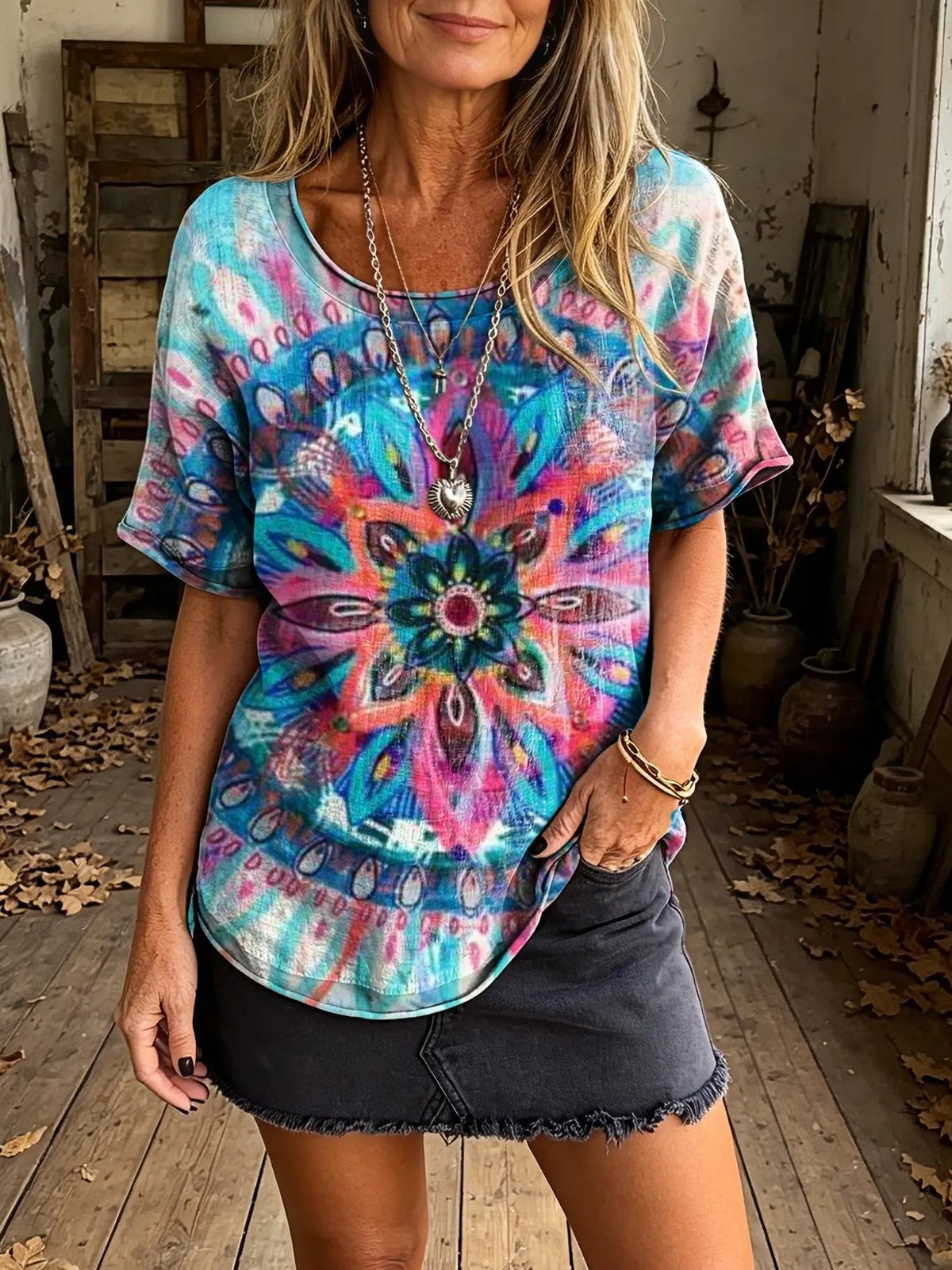 Women's Psychedelic Mandala Tie-Dye Print Boho Casual T-Shirt