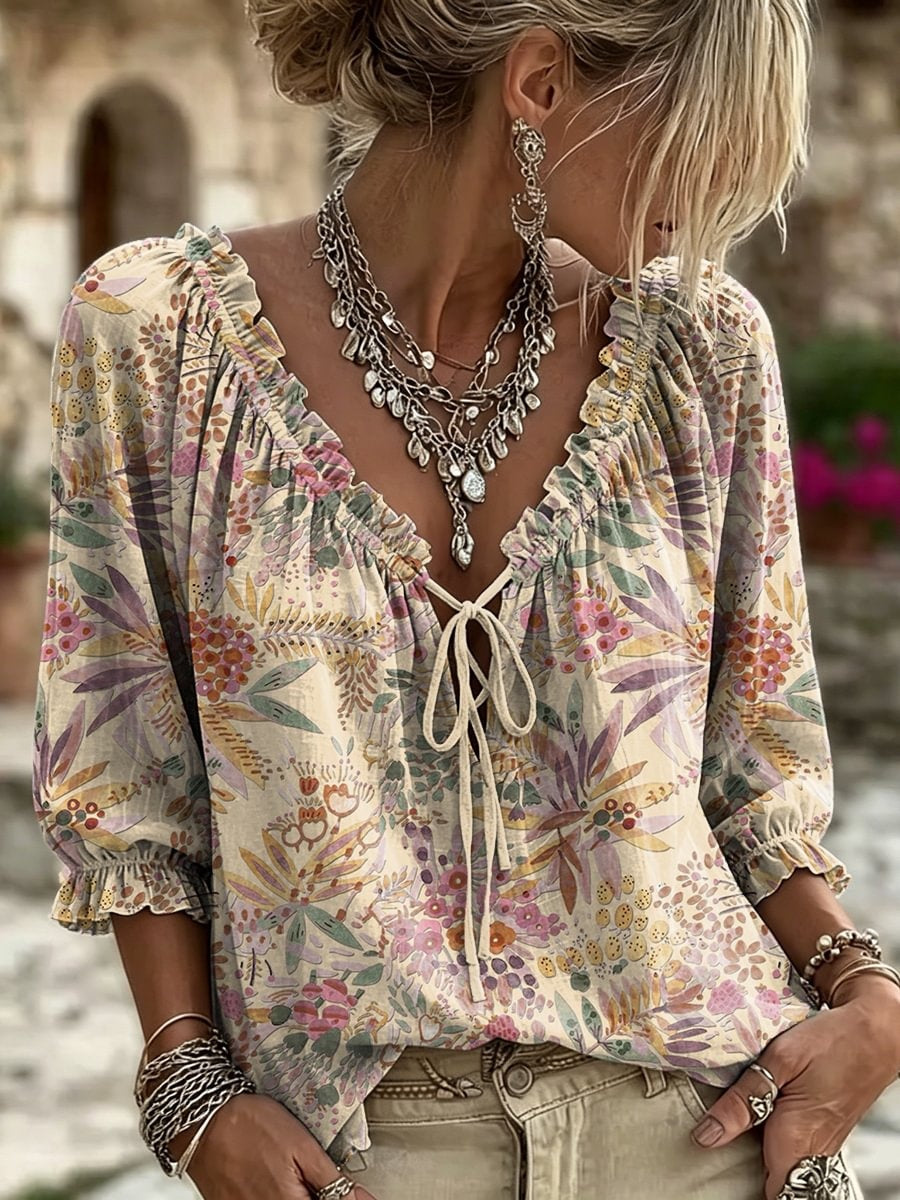 Women's Retro Ethnic Floral Art Print Casual Three-quarter Sleeve V-neck Ruffle Drawstring Shirt