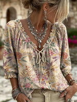 Women's Retro Ethnic Floral Art Print Casual Three-quarter Sleeve V-neck Ruffle Drawstring Shirt