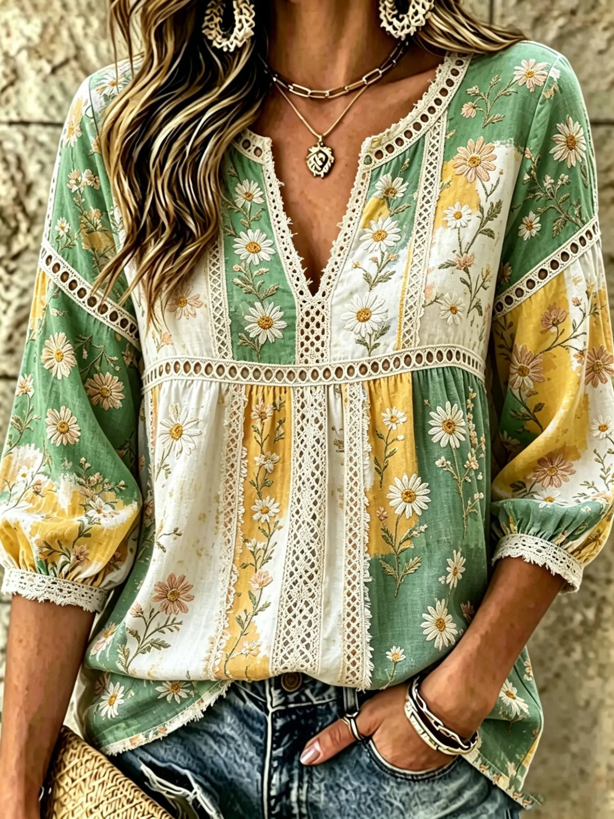 Women's Daisy Floral Print Lace Cotton Blouse