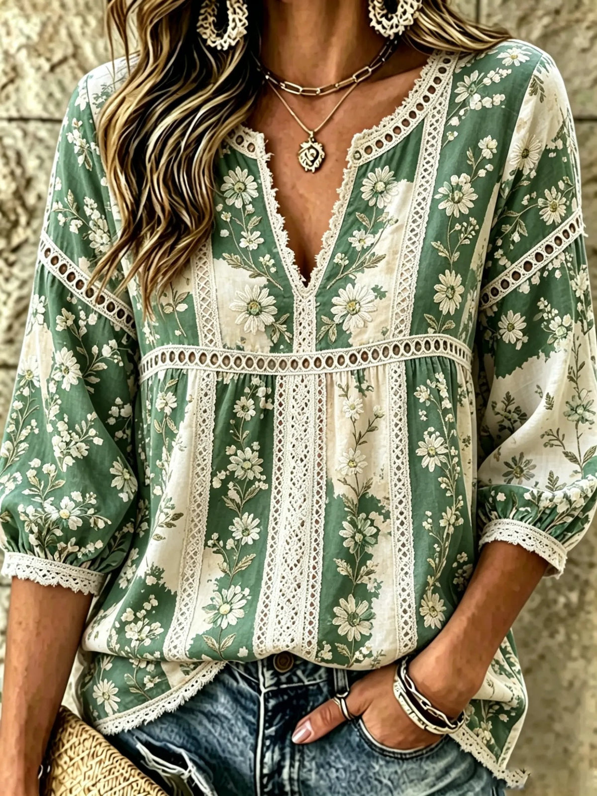 Women's Daisy Floral Print Lace Cotton Blouse