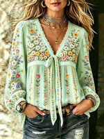 Women's Boho Wildflower Print Cotton Tie-Neck Blouse