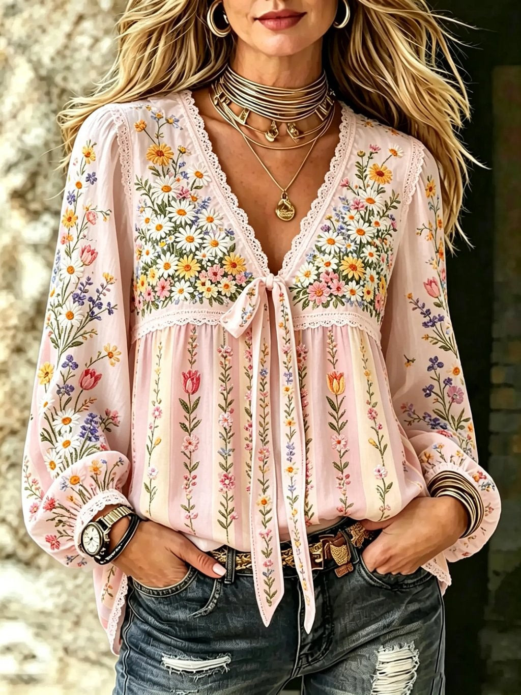 Women's Boho Wildflower Print Cotton Tie-Neck Blouse