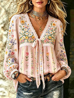 Women's Boho Wildflower Print Cotton Tie-Neck Blouse
