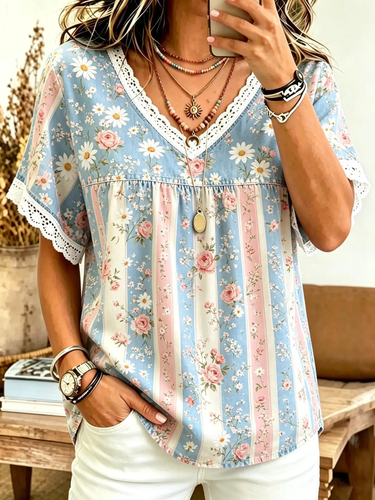 Women's Ditsy Floral Stripe Print Cotton Lace Trim V-Neck Blouse
