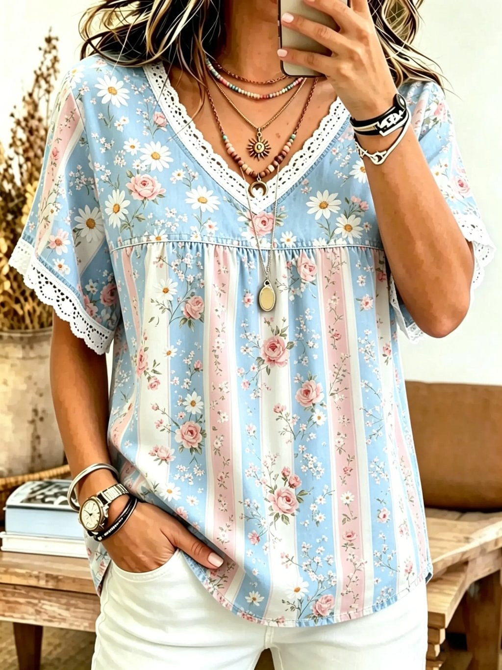 Women's Ditsy Floral Stripe Print Cotton Lace Trim V-Neck Blouse