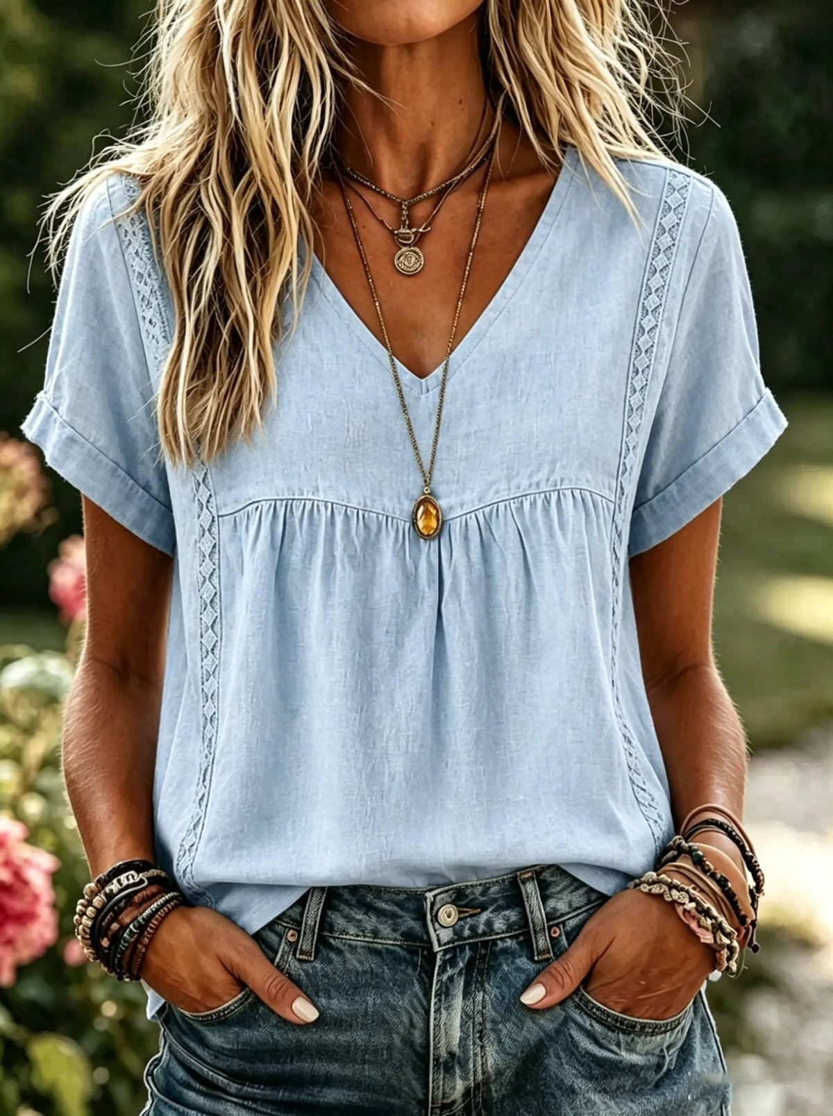Women's Solid Cotton Lace Trim V-Neck Blouse