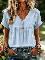 Women's Solid Cotton Lace Trim V-Neck Blouse