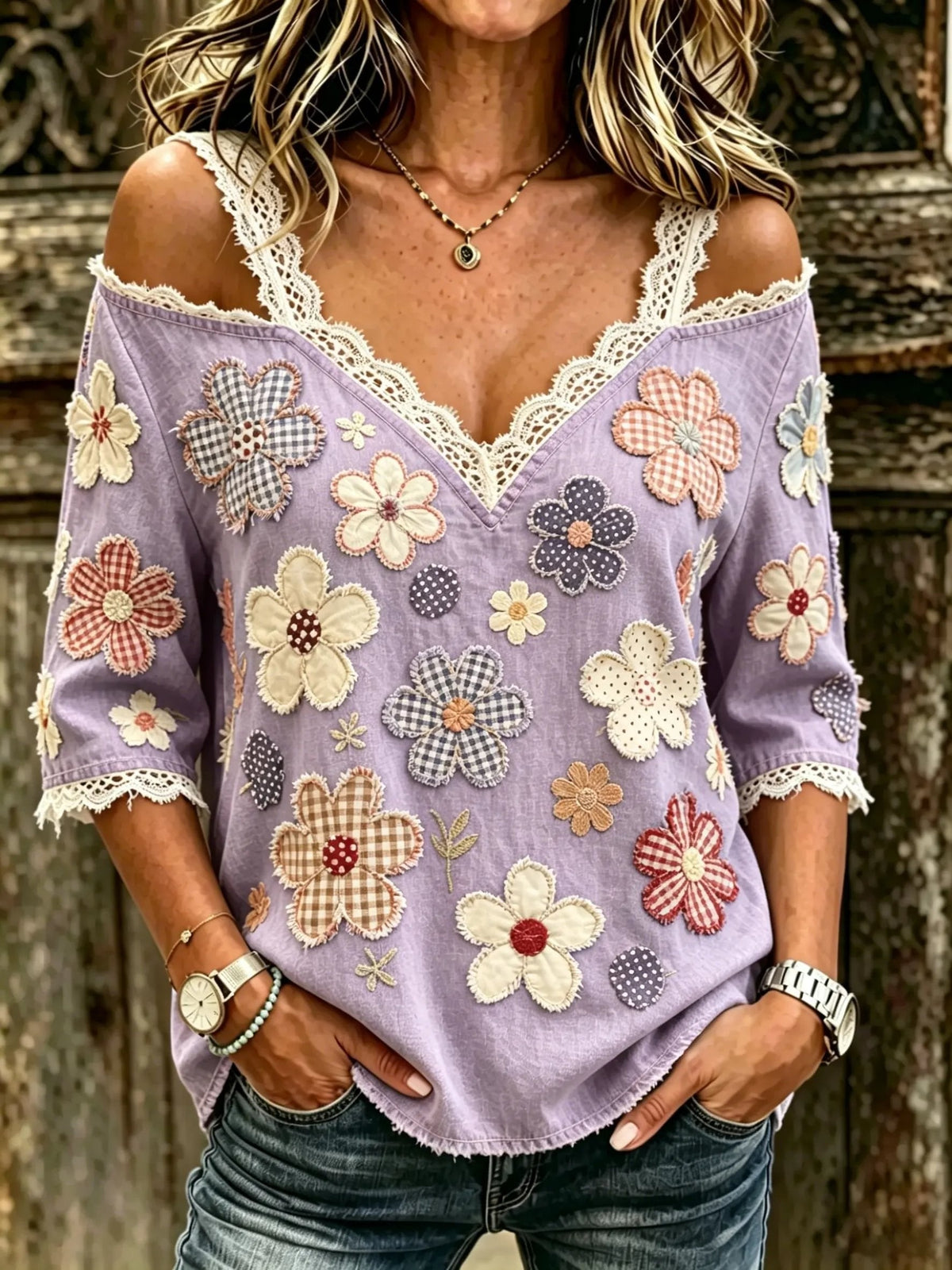 Women's Floral Patchwork Print Cotton Lace Trim Off-Shoulder Blouse