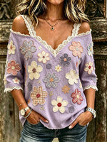 Women's Floral Patchwork Print Cotton Lace Trim Off-Shoulder Blouse