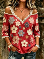 Women's Floral Patchwork Print Cotton Lace Trim Off-Shoulder Blouse