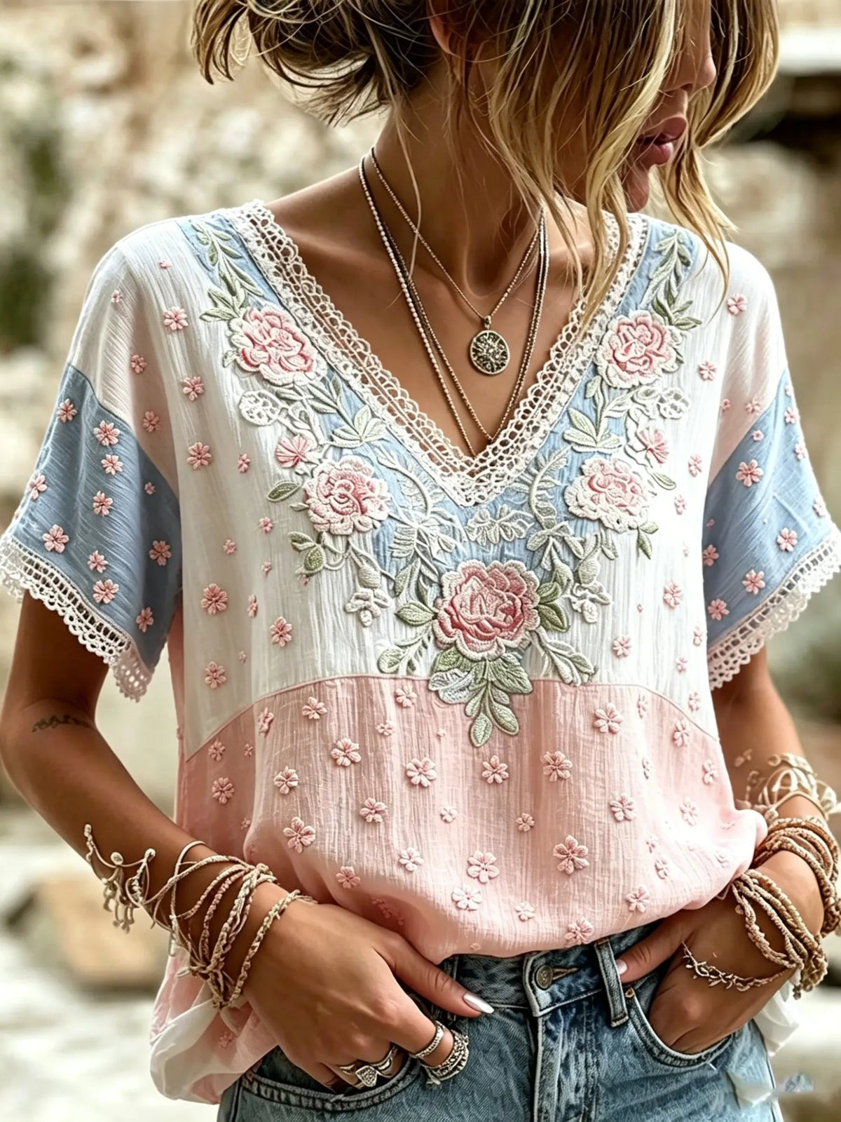 Women's Floral Patchwork Print Cotton Lace Trim V-Neck Blouse