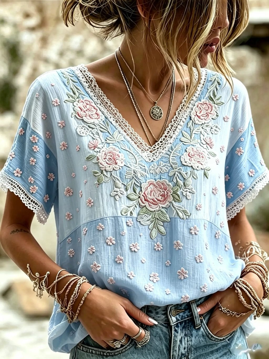 Women's Floral Patchwork Print Cotton Lace Trim V-Neck Blouse