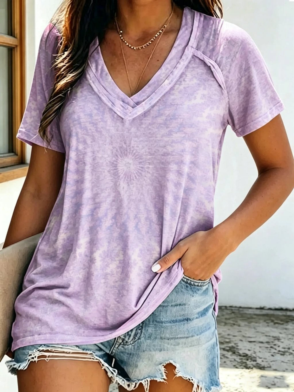 Women's Tie-Dye Print Cotton V-Neck Short Sleeve T-Shirt
