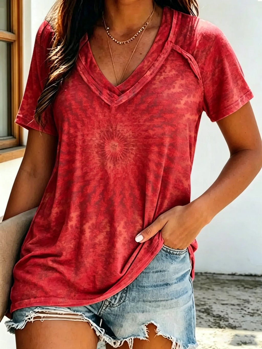 Women's Tie-Dye Print Cotton V-Neck Short Sleeve T-Shirt